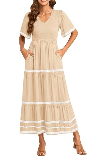 PRETTYGARDEN Women's Casual Summer Maxi Dress Short Sleeve Swiss Dot V Neck Smocked Long Flowy Beach Dresses (Apricot,Small)