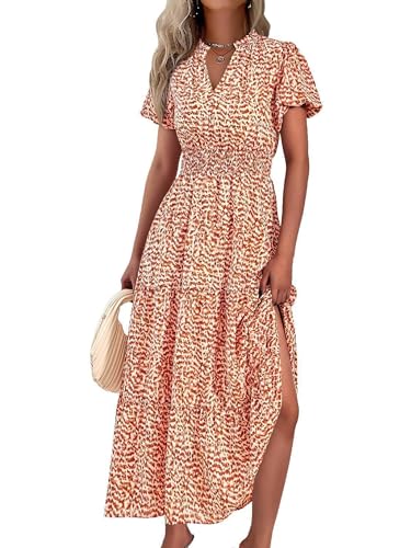 MASCOMODA Summer Maxi Dress for Women 2024 Casual V Neck Puff Short Sleeve Smocked Ruffle Flowy Beach Boho Long Floral Dress(Floral Orange,Large)
