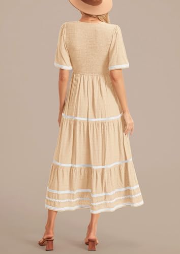 PRETTYGARDEN Women's Casual Summer Maxi Dress Short Sleeve Swiss Dot V Neck Smocked Long Flowy Beach Dresses (Apricot,Small)