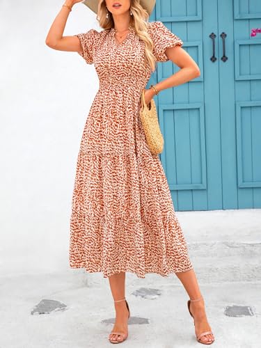 MASCOMODA Summer Maxi Dress for Women 2024 Casual V Neck Puff Short Sleeve Smocked Ruffle Flowy Beach Boho Long Floral Dress(Floral Orange,Large)