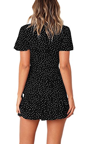 Relipop Summer Women Short Sleeve Print Dress V Neck Casual Short Dresses Black