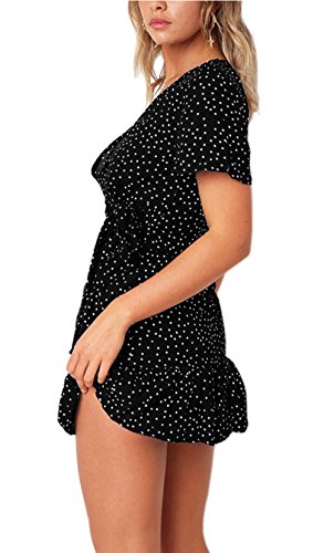 Relipop Summer Women Short Sleeve Print Dress V Neck Casual Short Dresses Black