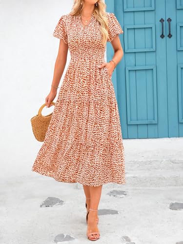 MASCOMODA Summer Maxi Dress for Women 2024 Casual V Neck Puff Short Sleeve Smocked Ruffle Flowy Beach Boho Long Floral Dress(Floral Orange,Large)