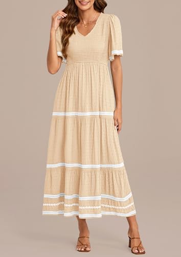 PRETTYGARDEN Women's Casual Summer Maxi Dress Short Sleeve Swiss Dot V Neck Smocked Long Flowy Beach Dresses (Apricot,Small)