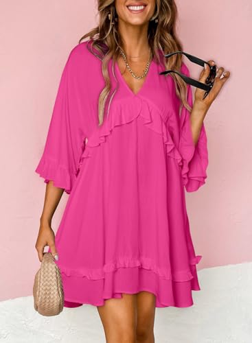 Dokotoo Womens Dress Summer Ruffle Short Sleeve Sundress V Neck Fall Dresses Tunic Dress Casual Party Loose Flowy Swing Shift Dress Holiday Outfits Mini Hot Pink Dress for Wedding or Graduation Small