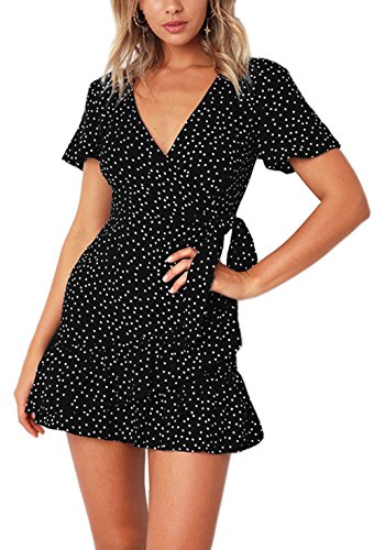 Relipop Summer Women Short Sleeve Print Dress V Neck Casual Short Dresses Black