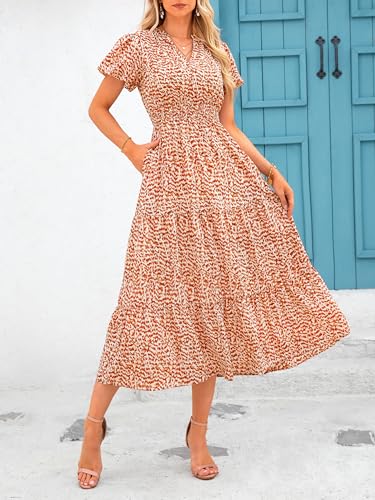 MASCOMODA Summer Maxi Dress for Women 2024 Casual V Neck Puff Short Sleeve Smocked Ruffle Flowy Beach Boho Long Floral Dress(Floral Orange,Large)