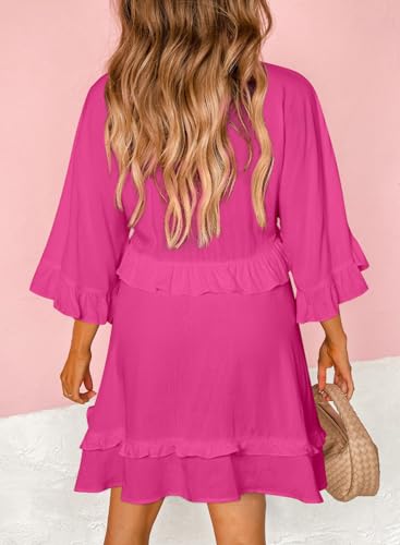 Dokotoo Womens Dress Summer Ruffle Short Sleeve Sundress V Neck Fall Dresses Tunic Dress Casual Party Loose Flowy Swing Shift Dress Holiday Outfits Mini Hot Pink Dress for Wedding or Graduation Small