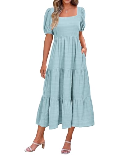 PRETTYGARDEN Dresses for Women 2024 Summer Short Sleeve Square Neck Elastic Backless Loose Cute Pleated Tiered Dress(Solid Light Green,X-Large)