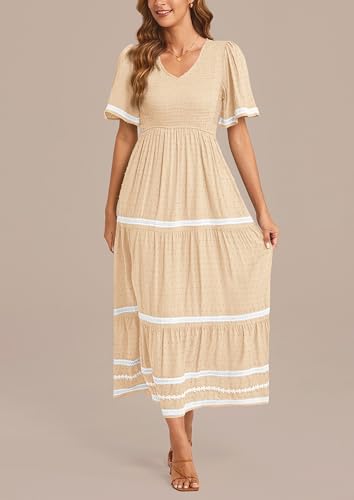 PRETTYGARDEN Women's Casual Summer Maxi Dress Short Sleeve Swiss Dot V Neck Smocked Long Flowy Beach Dresses (Apricot,Small)