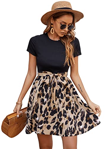 SweatyRocks Women's Graphic Short Sleeve Belted Mini Dress A Line Flared Skater Dresses Black Brown S