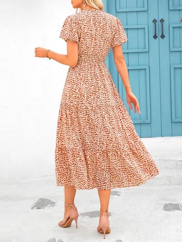 MASCOMODA Summer Maxi Dress for Women 2024 Casual V Neck Puff Short Sleeve Smocked Ruffle Flowy Beach Boho Long Floral Dress(Floral Orange,Large)