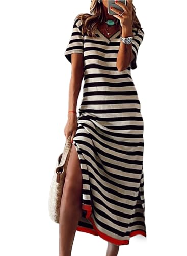 Dokotoo Maxi Dress for Women Casual V Neck Short Sleeve Stripe Split Long Dresses for Women Black X Large