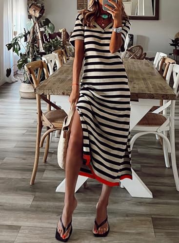 Dokotoo Maxi Dress for Women Casual V Neck Short Sleeve Stripe Split Long Dresses for Women Black X Large