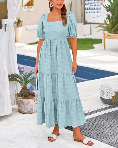 PRETTYGARDEN Dresses for Women 2024 Summer Short Sleeve Square Neck Elastic Backless Loose Cute Pleated Tiered Dress(Solid Light Green,X-Large)