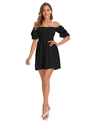 WDIRARA Women's Square Neck Flounce Short Sleeve Shirred Ruffle Hem Dress Black M