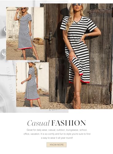 Dokotoo Maxi Dress for Women Casual V Neck Short Sleeve Stripe Split Long Dresses for Women Black X Large