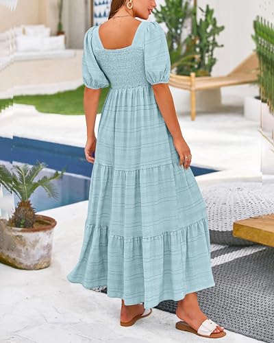 PRETTYGARDEN Dresses for Women 2024 Summer Short Sleeve Square Neck Elastic Backless Loose Cute Pleated Tiered Dress(Solid Light Green,X-Large)
