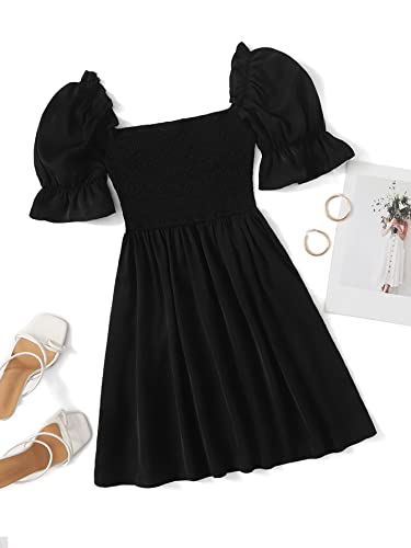 WDIRARA Women's Square Neck Flounce Short Sleeve Shirred Ruffle Hem Dress Black M