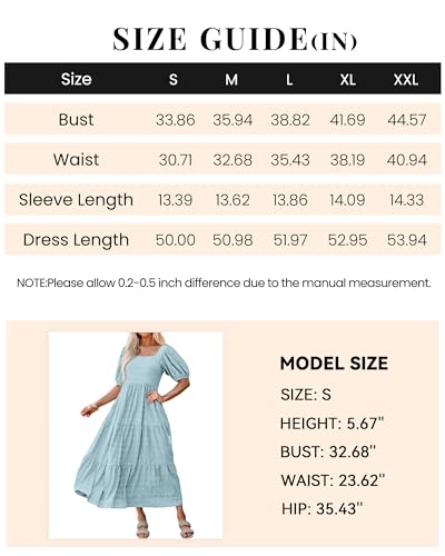 PRETTYGARDEN Dresses for Women 2024 Summer Short Sleeve Square Neck Elastic Backless Loose Cute Pleated Tiered Dress(Solid Light Green,X-Large)