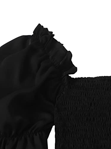 WDIRARA Women's Square Neck Flounce Short Sleeve Shirred Ruffle Hem Dress Black M