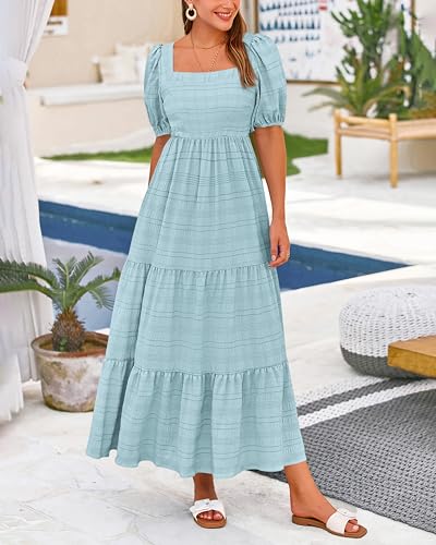 PRETTYGARDEN Dresses for Women 2024 Summer Short Sleeve Square Neck Elastic Backless Loose Cute Pleated Tiered Dress(Solid Light Green,X-Large)