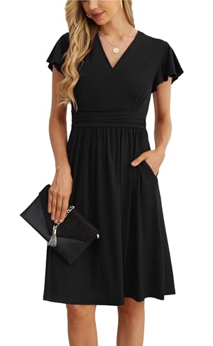 GRECERELLE Summer Dress for Women, Casual Short Sleeve Black Dresses, Wrap V-Neck Party Dress with Pockets (Medium, Black)