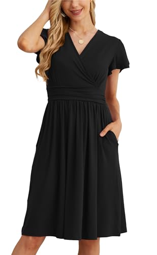 GRECERELLE Summer Dress for Women, Casual Short Sleeve Black Dresses, Wrap V-Neck Party Dress with Pockets (Medium, Black)