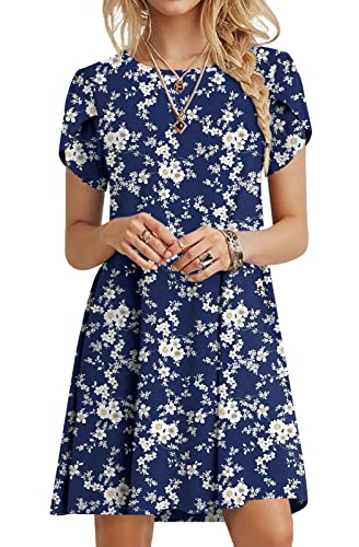 HOTGIFT Women's Short Sleeve Loungewear Loose Fitting Dresses Swing Tunic Sundress Pockets White Floret Medium