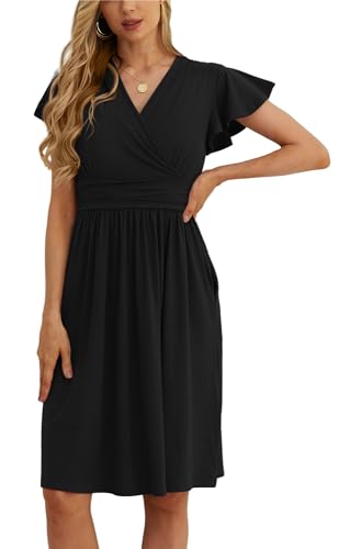 GRECERELLE Summer Dress for Women, Casual Short Sleeve Black Dresses, Wrap V-Neck Party Dress with Pockets (Medium, Black)