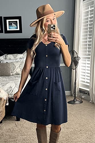 OUGES Womens Summer Short Sleeve Spring Dresses Midi Dresses Button Down V Neck Skater Dress with Pockets 2023(Navy395,L)