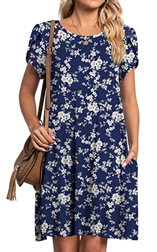 HOTGIFT Women's Short Sleeve Loungewear Loose Fitting Dresses Swing Tunic Sundress Pockets White Floret Medium