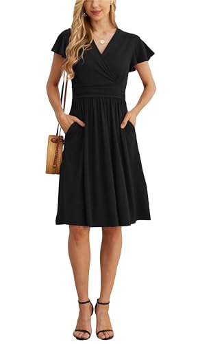 GRECERELLE Summer Dress for Women, Casual Short Sleeve Black Dresses, Wrap V-Neck Party Dress with Pockets (Medium, Black)