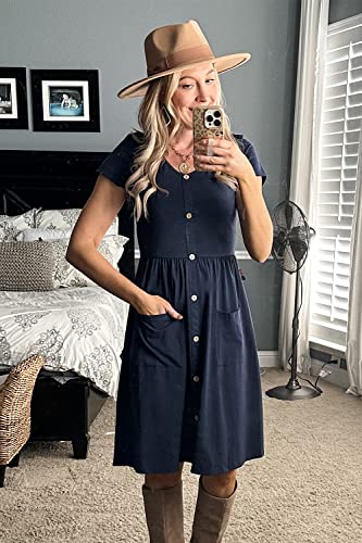 OUGES Womens Summer Short Sleeve Spring Dresses Midi Dresses Button Down V Neck Skater Dress with Pockets 2023(Navy395,L)