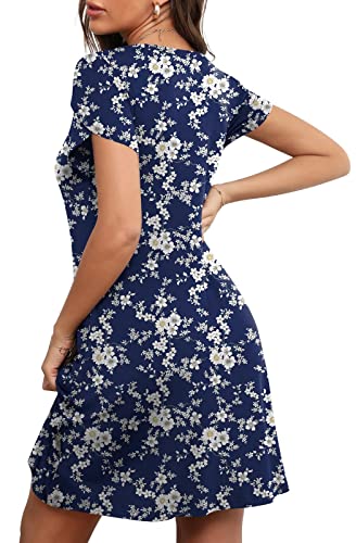 HOTGIFT Women's Short Sleeve Loungewear Loose Fitting Dresses Swing Tunic Sundress Pockets White Floret Medium