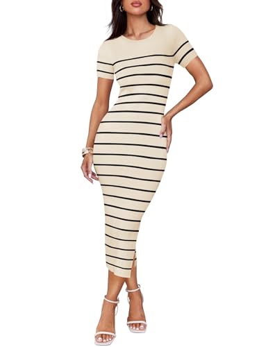 ZESICA Women's Summer Bodycon Midi Dress 2024 Striped Short Sleeve Ribbed Knit Slim Fit Side Slit T Shirt Dresses,Apricot,Small