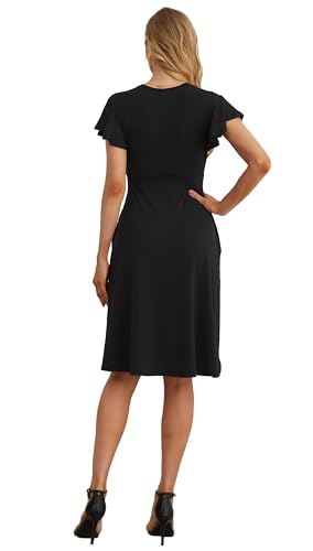 GRECERELLE Summer Dress for Women, Casual Short Sleeve Black Dresses, Wrap V-Neck Party Dress with Pockets (Medium, Black)
