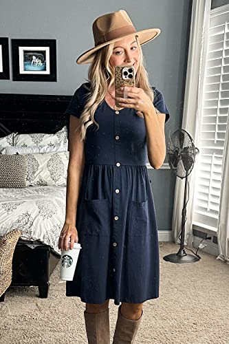 OUGES Womens Summer Short Sleeve Spring Dresses Midi Dresses Button Down V Neck Skater Dress with Pockets 2023(Navy395,L)