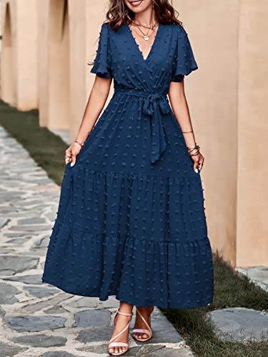 MASCOMODA Dresses for Women 2024 Short Flutter Sleeve Tiered Maxi Dress Swiss Dot Solid V Neck Wedding Guest Dress with Belt(Navy,Medium)