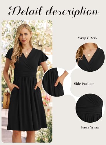 GRECERELLE Summer Dress for Women, Casual Short Sleeve Black Dresses, Wrap V-Neck Party Dress with Pockets (Medium, Black)
