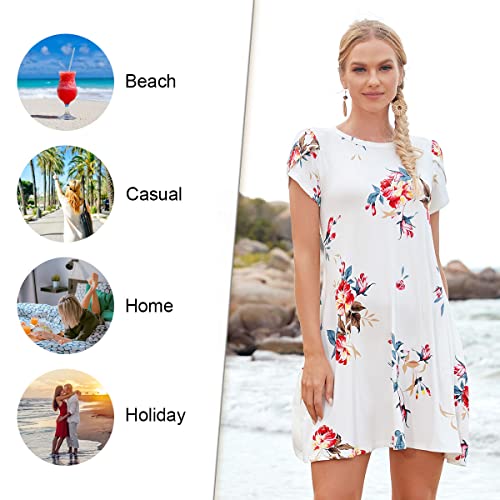 HOTGIFT Women's Short Sleeve Loungewear Loose Fitting Dresses Swing Tunic Sundress Pockets White Floret Medium