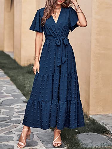 MASCOMODA Dresses for Women 2024 Short Flutter Sleeve Tiered Maxi Dress Swiss Dot Solid V Neck Wedding Guest Dress with Belt(Navy,Medium)