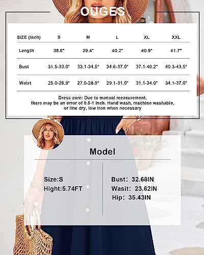 OUGES Womens Summer Short Sleeve Spring Dresses Midi Dresses Button Down V Neck Skater Dress with Pockets 2023(Navy395,L)