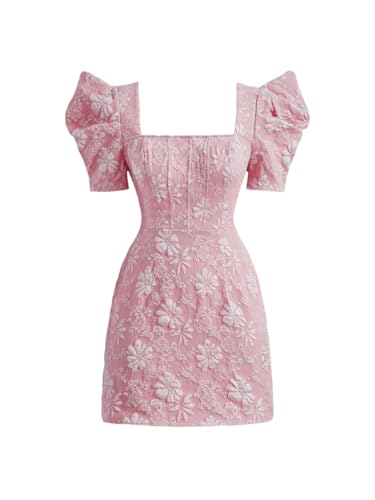 SOLY HUX Women's Floral Square Neck Puff Short Sleeve Mini Dress High Waist Summer Boho Short Dresses Light Pink Small