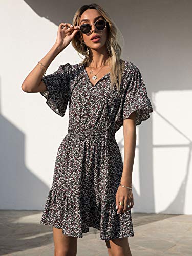 PRETTYGARDEN Women's Summer Boho Dress Casual Short Sleeve Tie V Neck Ruffle Floral Print Mini Skater Dresses (Black Red,Small)