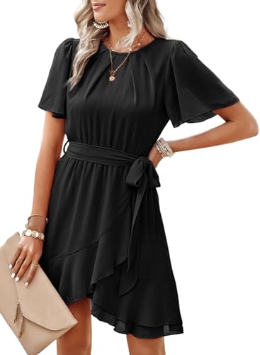 Dokotoo Womens Summer Dresses for Women 2024 Short Sleeve Casual Round Neck Waist Tie Ruffle A-Line Ladies Elegant Solid Color Swing Mini Chiffon Belted Dress Black Small