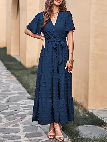 MASCOMODA Dresses for Women 2024 Short Flutter Sleeve Tiered Maxi Dress Swiss Dot Solid V Neck Wedding Guest Dress with Belt(Navy,Medium)