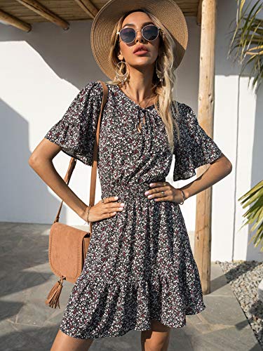 PRETTYGARDEN Women's Summer Boho Dress Casual Short Sleeve Tie V Neck Ruffle Floral Print Mini Skater Dresses (Black Red,Small)