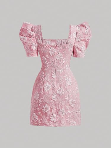 SOLY HUX Women's Floral Square Neck Puff Short Sleeve Mini Dress High Waist Summer Boho Short Dresses Light Pink Small