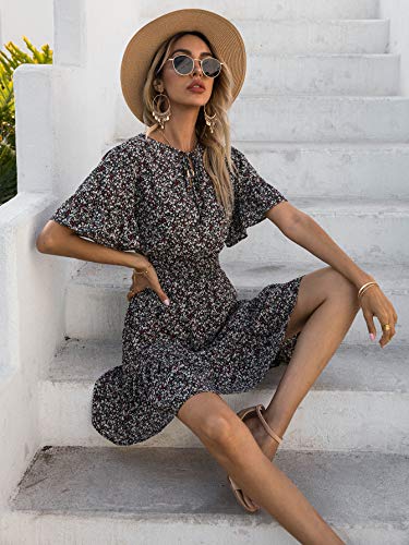 PRETTYGARDEN Women's Summer Boho Dress Casual Short Sleeve Tie V Neck Ruffle Floral Print Mini Skater Dresses (Black Red,Small)